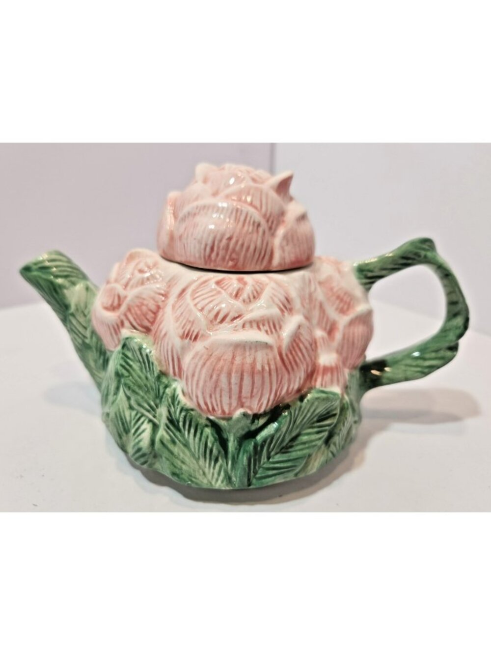 Vtg CIC Peggy Jo Ackley Pink Rose Ceramic Teapot Pink & Green